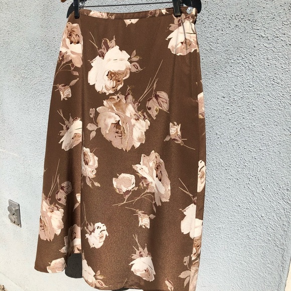 Vintage 90s Autumn Rose Gold Sheen Skirt 🍂 Brown Floral Midi Fairy Romantic - Picture 4 of 5